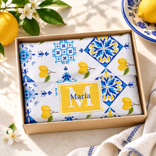 Papel De Seda Patrón de limón de país francés azul Monograma nom
