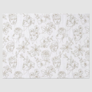 Papel De Seda Patrón de línea de cara floral vintage en blanco y