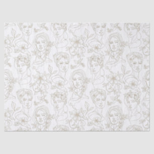 Papel De Seda Patrón de línea de cara floral vintage en blanco y