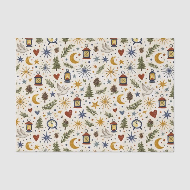 Papel De Seda Patrón de linterna de bosque invernal folk (Anverso)