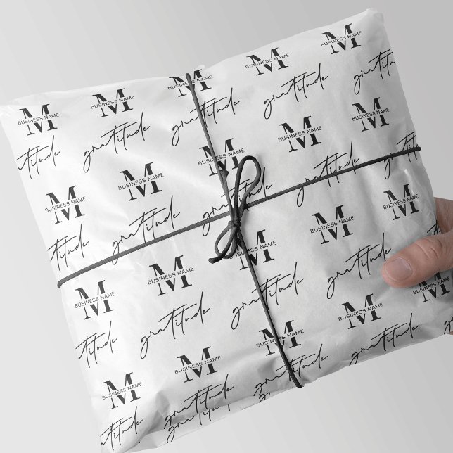 Papel De Seda Patrón de logotipo de monograma comercial Minimali (Trendy black and white business tissue paper with your monogram and script 'gratitude' text pattern)