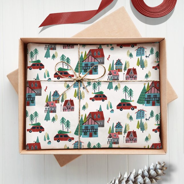 Papel De Seda Patrón de los Navidades de los pueblos nórdicos (Cute Nordic skating Village Christmas Pattern Tissue Paper)