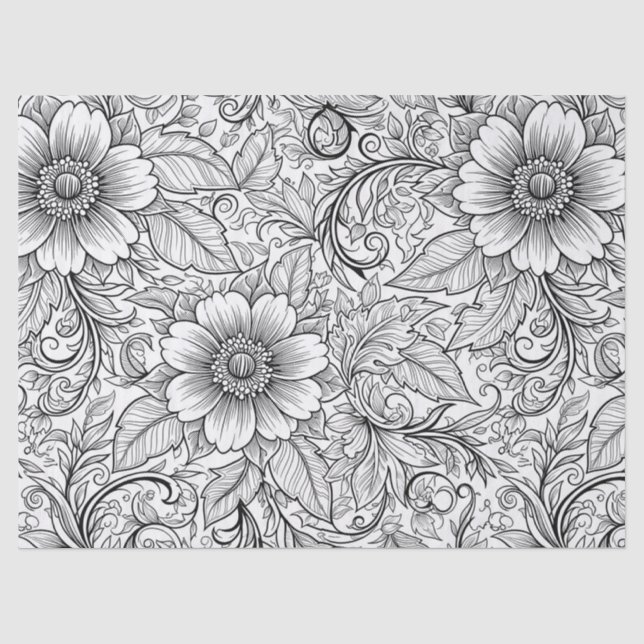 Papel De Seda Patrón de lujo floral monocromo chic (3) (Anverso)
