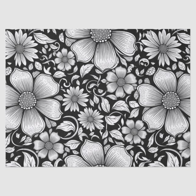 Papel De Seda Patrón de lujo floral monocromo chic (6) (Anverso)