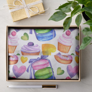Papel De Seda Patrón de macarons y cupcakes dulces de acuarela