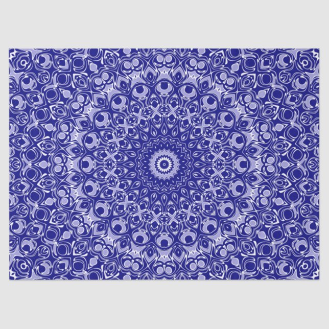 Papel De Seda Patrón de Mandala azul y blanco medianoche (Anverso)