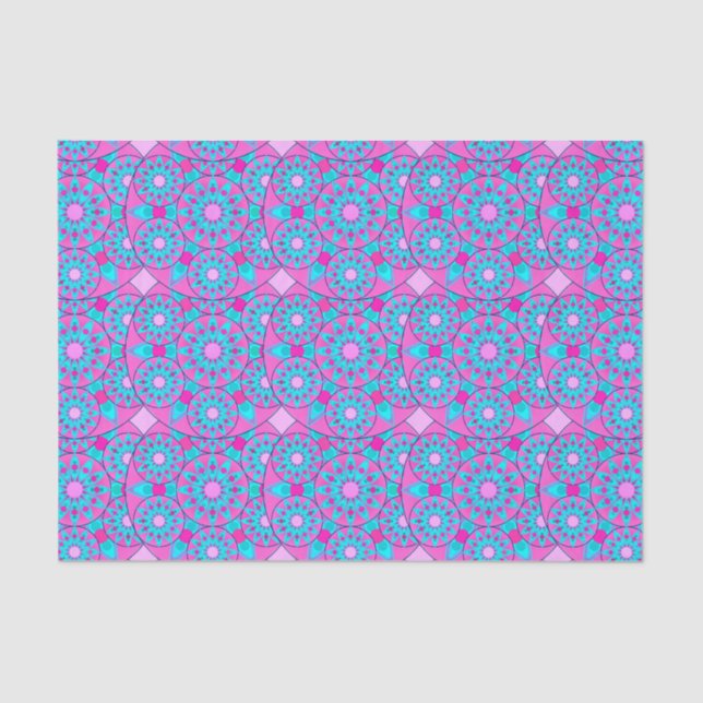 Papel De Seda Patrón de Mandala, fucsia, rosa y turquesa (Anverso)