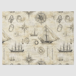 Papel De Seda Patrón de mapa náutico vintage con barcos y brújul