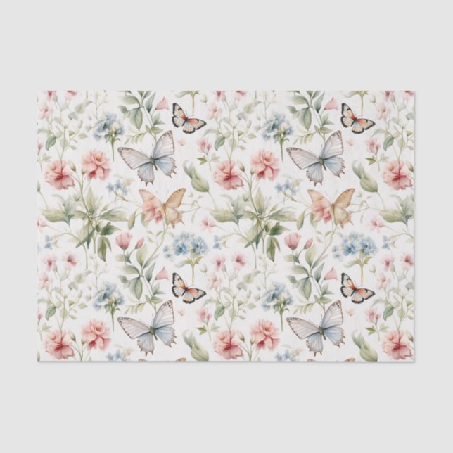 Papel De Seda Patrón de mariposas y flores de Woodland (Anverso)