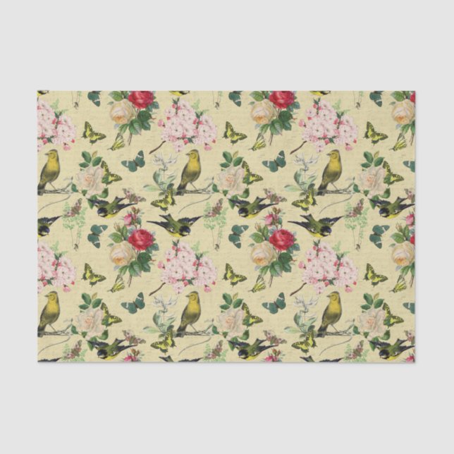 Papel De Seda Patrón de mariposas y pájaros de Rosas de la época (Anverso)