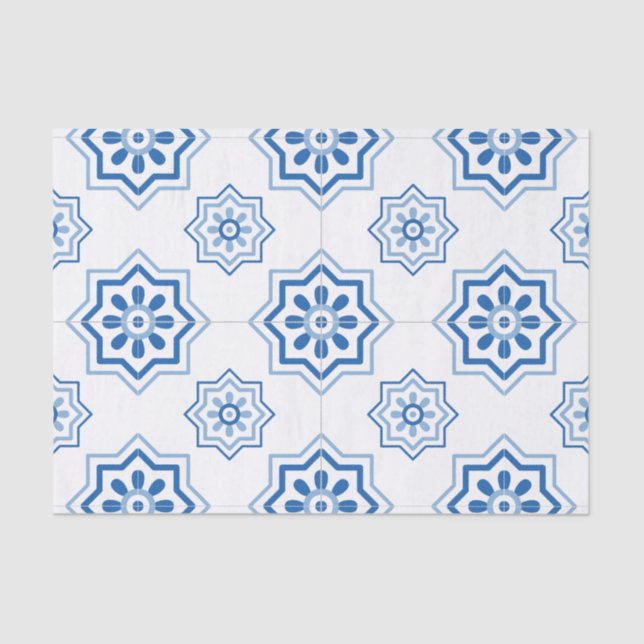 Papel De Seda Patrón de mosaico azul Azulejo portugués (Anverso)