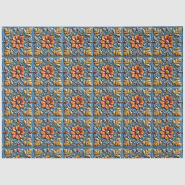 Papel De Seda Patrón de mosaico azul del Naranja floral español  (Anverso)