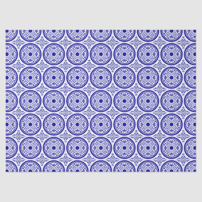 Papel De Seda Patrón de mosaico gótico azul blanco (Anverso)