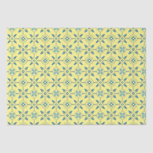 Papel De Seda Patrón de mosaico marroquí azul y amarillo (Anverso)