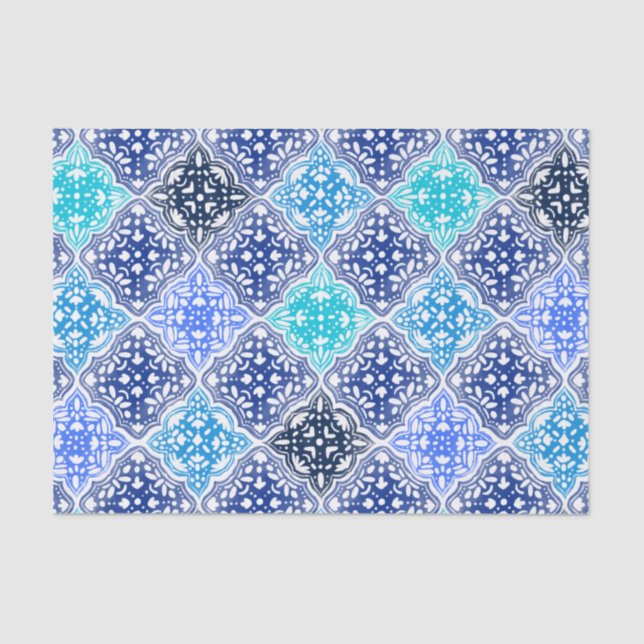 Papel De Seda Patrón de mosaico marroquí pintado de azul (Anverso)