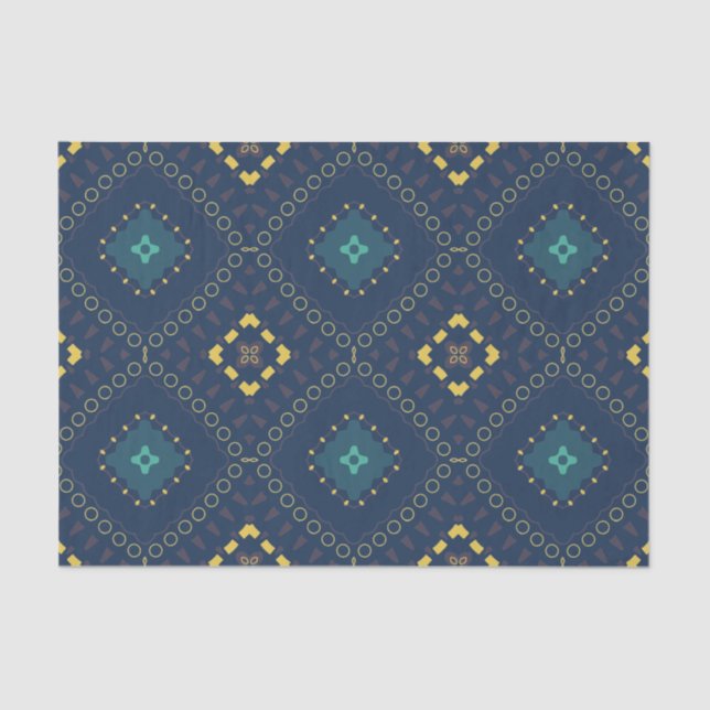 Papel De Seda Patrón de mosaico tibal de Boho, etnia azul profun (Anverso)
