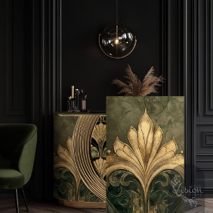 Papel De Seda Patrón de Motivo Dorado Art Déco en Verde Oliva