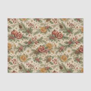 Papel De Seda Patrón de Navidad Citrus Botánico Vintage Crema