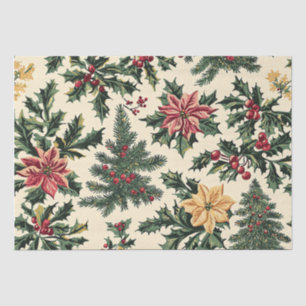 Papel De Seda Patrón de Navidad de Acebo Poinsettia Rojo Crema