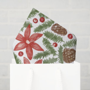Papel De Seda Patrón de Navidad de Poinsettia de Pino en Acuarel