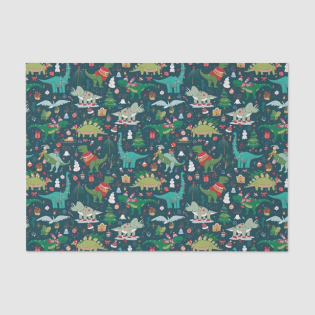 Papel De Seda Patrón de Navidades de dinosaurios festivos (Anverso)