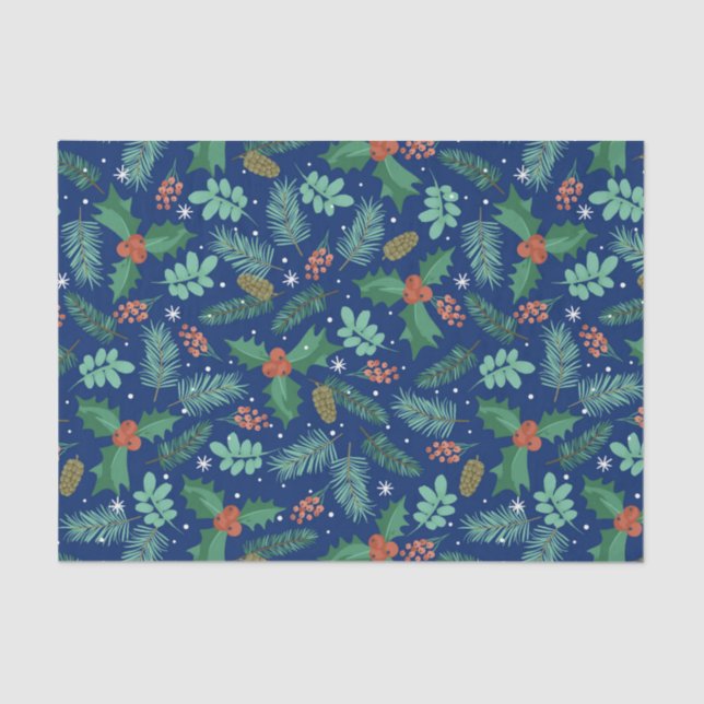 Papel De Seda Patrón de navidades holly y pinecones (Anverso)
