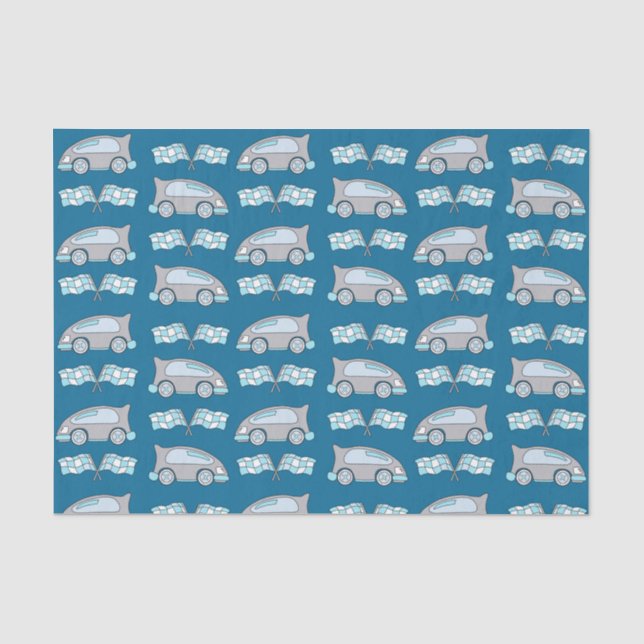 Papel De Seda Patrón de niños de bandera y coche de Carreras azu (Anverso)