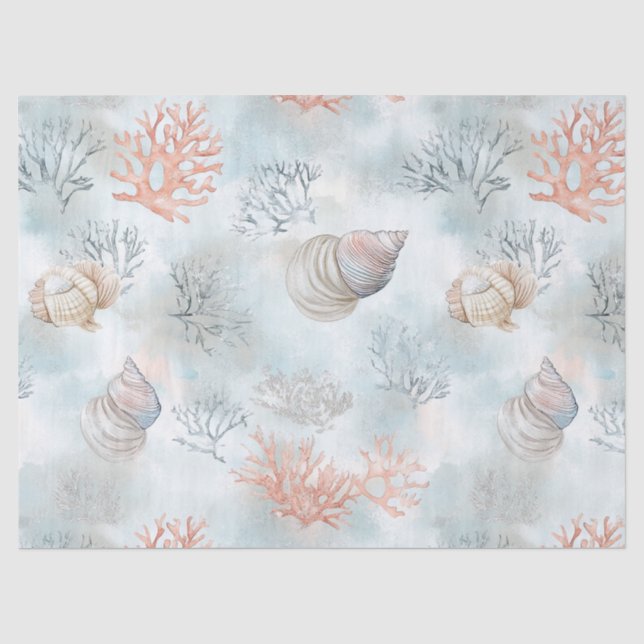 Papel De Seda Patrón de olas de aqua y conchas de arrecife de co (Anverso)