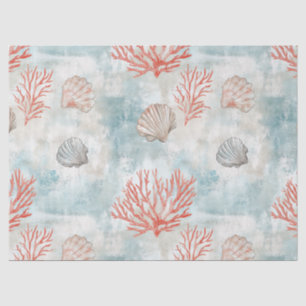 Papel De Seda Patrón de olas de aqua y conchas de arrecife de co