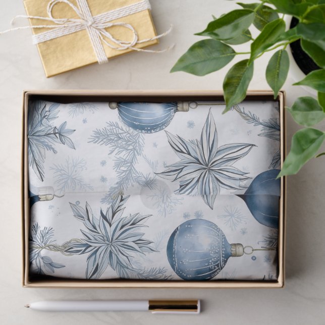 Papel De Seda Patrón de ornamentos de árbol de Navidad azul vint (Regalo )