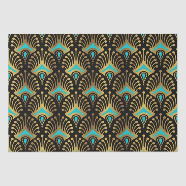 Papel De Seda Patrón de oro y azul Art Deco sobre negro (Anverso)