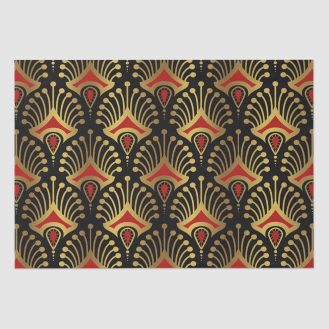 Papel De Seda Patrón de oro y rojo Art Deco sobre negro (Anverso)