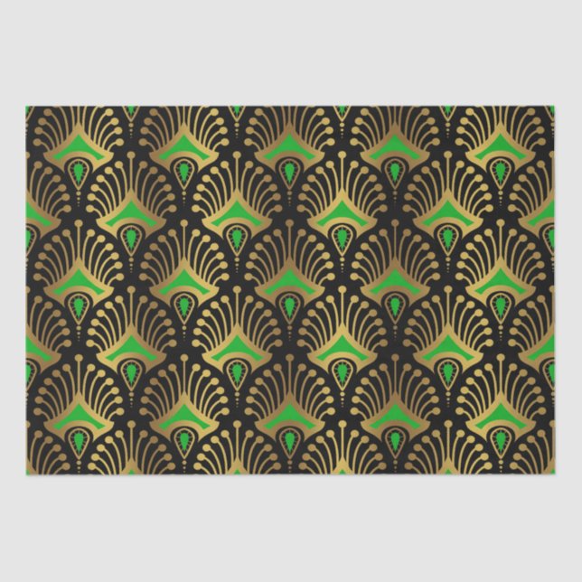 Papel De Seda Patrón de oro y verde Art Deco sobre negro (Anverso)