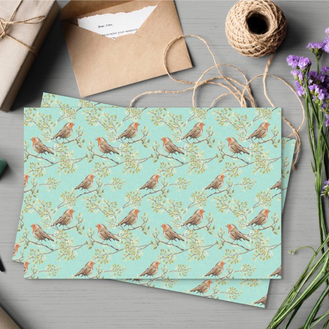 Papel De Seda Patrón de pájaro Robin europeo pintado de época (Vintage European Red Robin Bird Pattern Tissue Paper (Choose your own background colour))