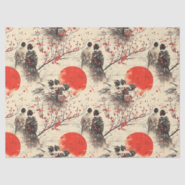 Papel De Seda Patrón de pareja de kimono romántico Sakura (3) (Anverso)