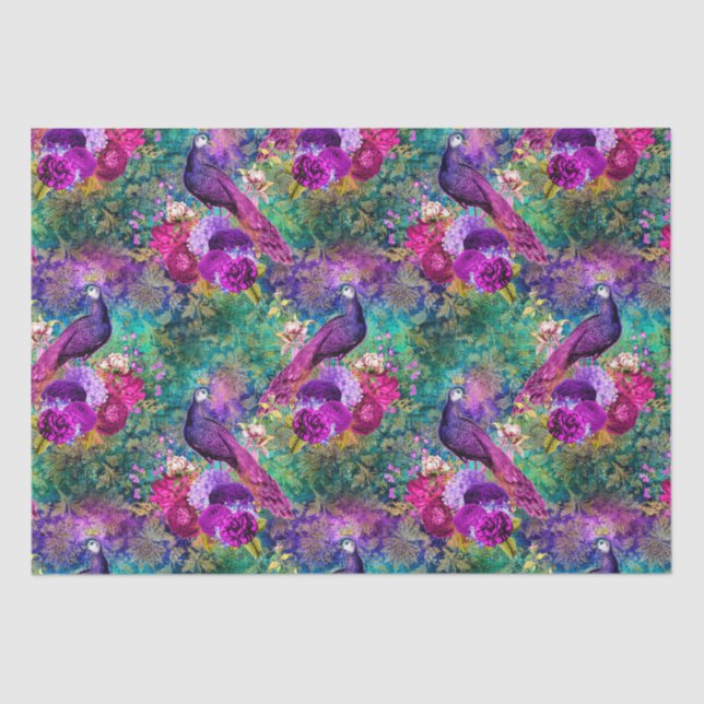 Papel De Seda Patrón de pavo real ilustrado vibrante (Anverso)