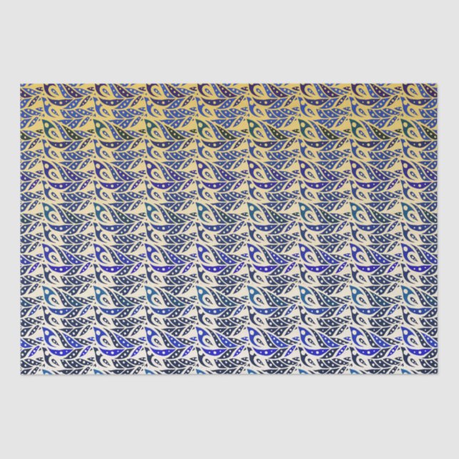 Papel De Seda Patrón de plumas de pavo real azul y oro (Anverso)