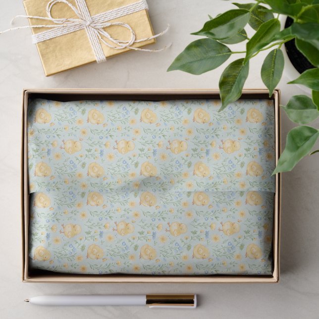 Papel De Seda Patrón de pollitos amarillos y flores lindas (Regalo )