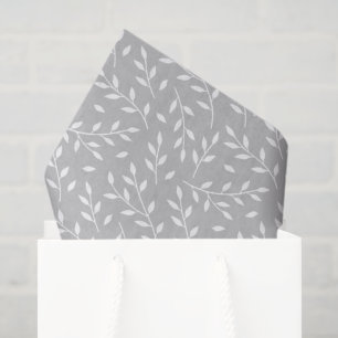 Papel De Seda patrón de ramas frondosas blanco sobre gris o CUAL