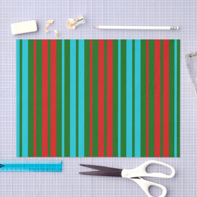 Papel De Seda Patrón de rayas verdes rojas y azules   (Artesanía)