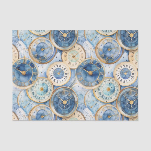 Papel De Seda Patrón de reloj azul y dorado (Anverso)