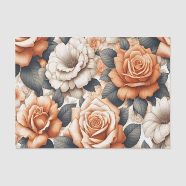 Papel De Seda Patrón de rosa blanco y Naranja sin foco (Anverso)