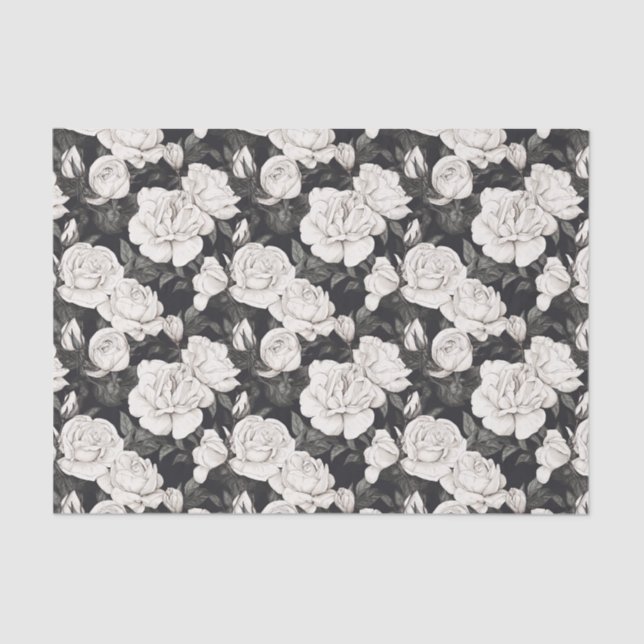 Papel De Seda Patrón de rosa blanco y negro (Anverso)