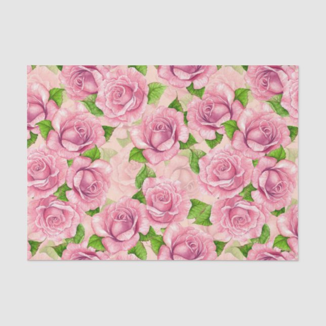 Papel De Seda Patrón de rosas de acuarela rosa (Anverso)