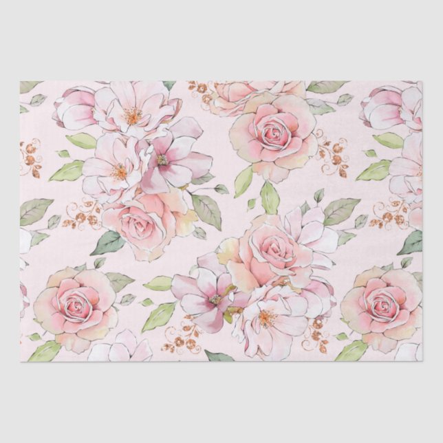 Papel De Seda Patrón de rosas de cosecha rosa pastel (Anverso)
