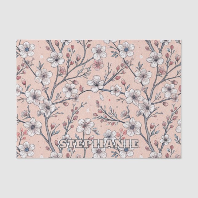 Papel De Seda Patrón de Sakura con flores de cerezo rosa sobre r (Anverso)