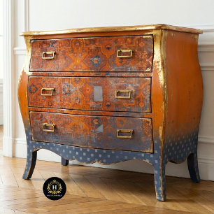 Papel De Seda Patrón de Textil Antiguo Rústico Naranja y Azul