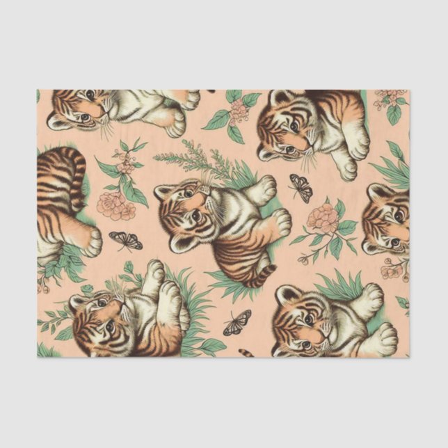 Papel De Seda Patrón de tigre de bebé de cosecha blanca (Anverso)