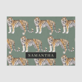 Papel De Seda Patrón de tigres de acuarela verde tropical con no