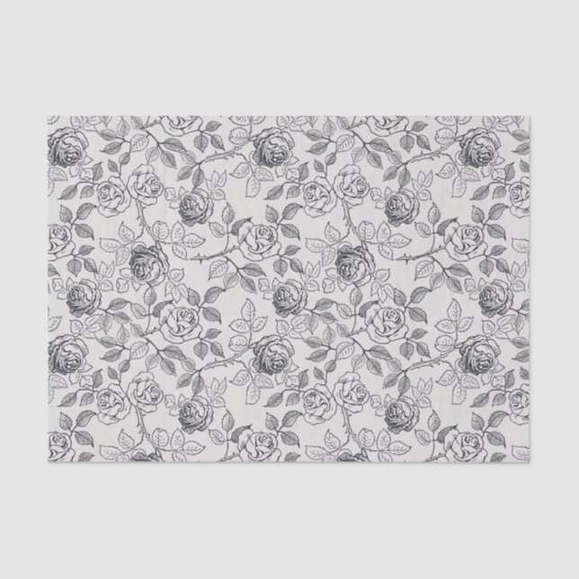 Papel De Seda Patrón de vid de Rosas florales blancos y negros d (Anverso)